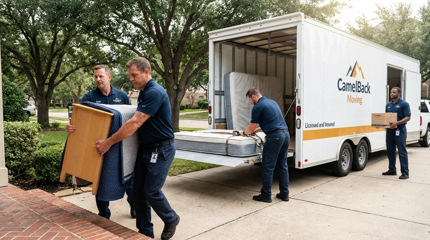 Crew loading residential truck for cross-state move from Blooming Prairie, MN