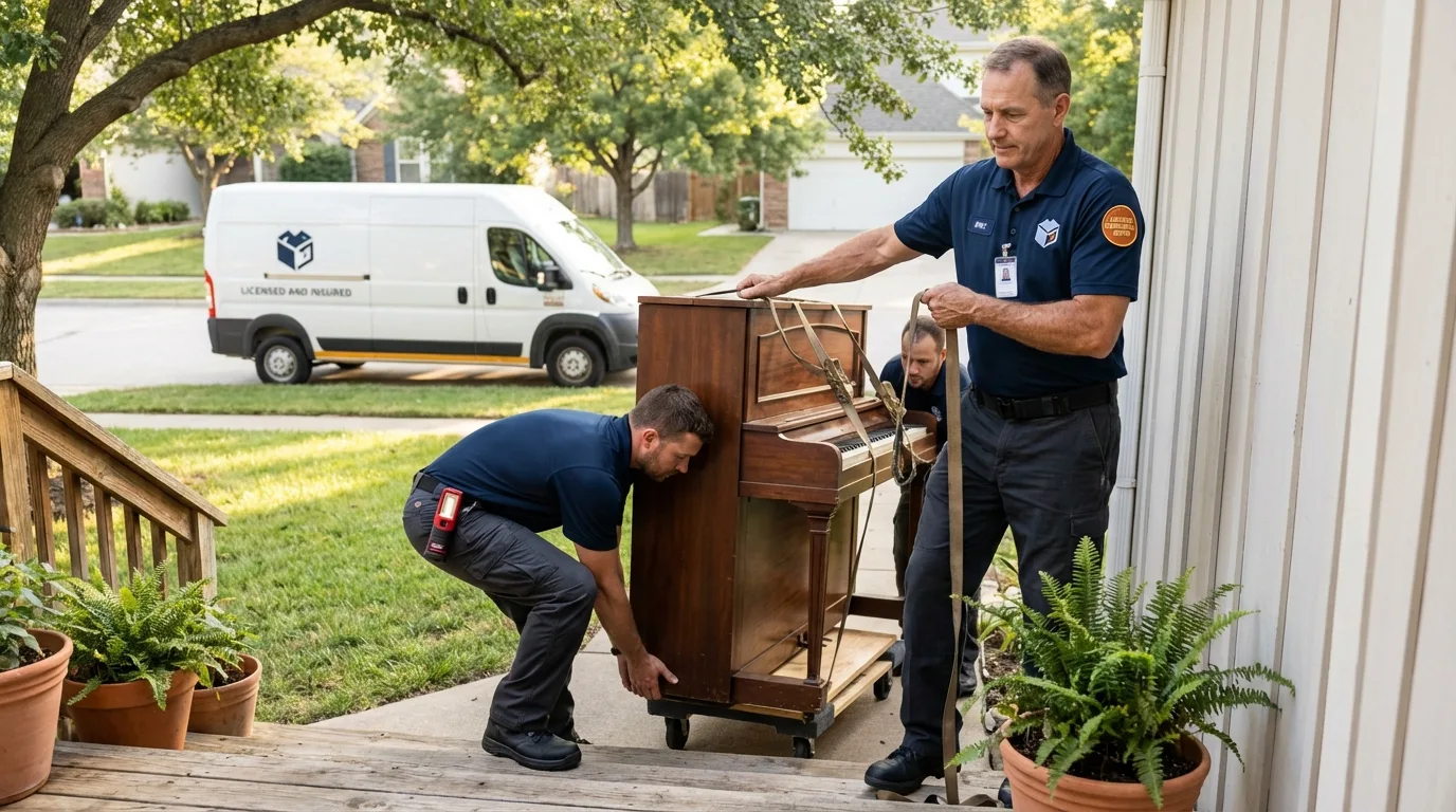 Licensed piano movers securing grand piano in Blooming Prairie, MN