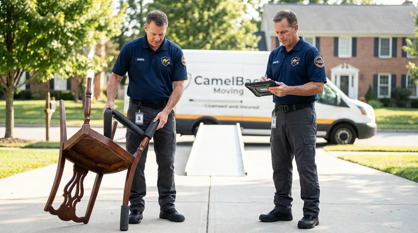 Movers inspecting furniture for damage prevention before loading in Blooming Prairie, MN