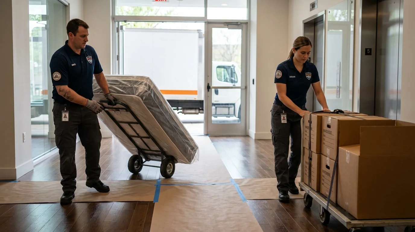 Professional apartment movers loading elevator in Blooming Prairie, MN