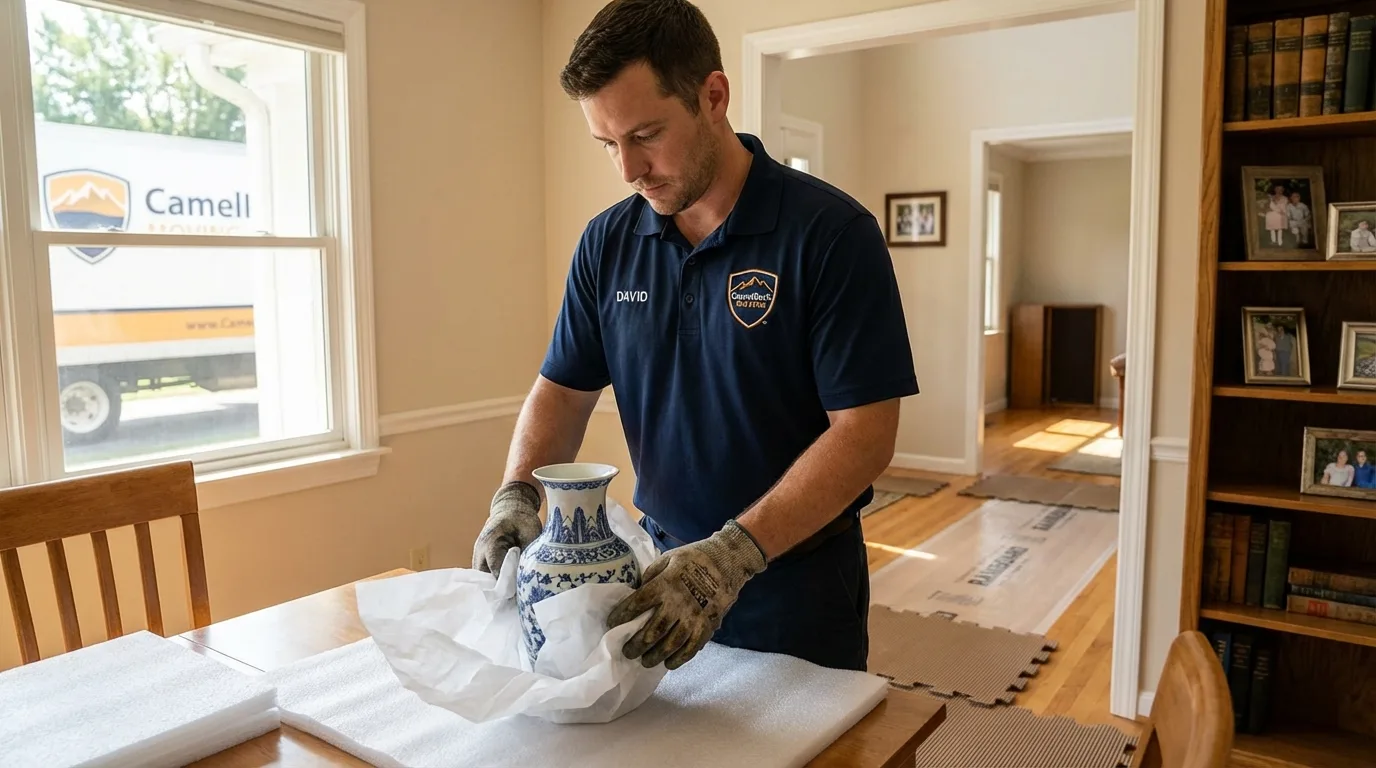 Professional crew carefully wrapping antique vase for senior downsizing move in Blooming Prairie, MN